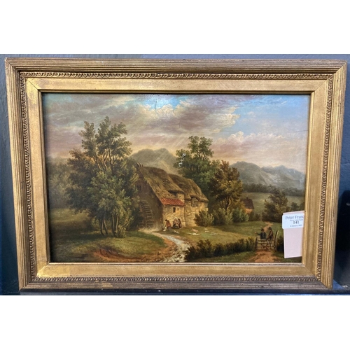 141 - 19th century British School, figures near a thatched Welsh watermill, oils on panel.  27x40cm approx... 