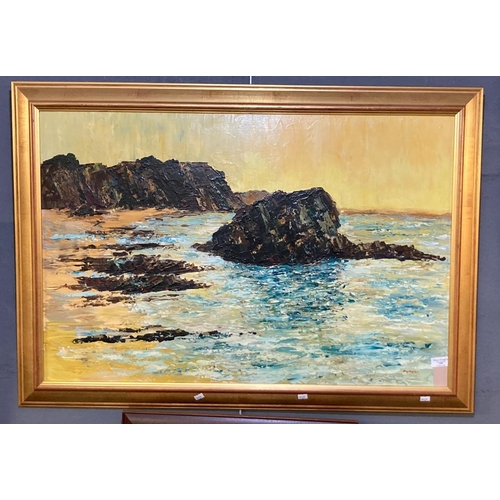 145 - Pomeroy, coastal study with rocky outcrops.  Signed.  Oils on board.  60x90cm approx.  Framed.  (B.P... 