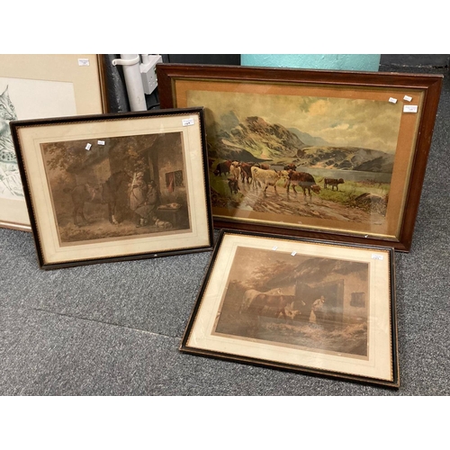 149 - Large framed oleograph, cattle in a Lochside landscape together with two sepia prints after George M... 