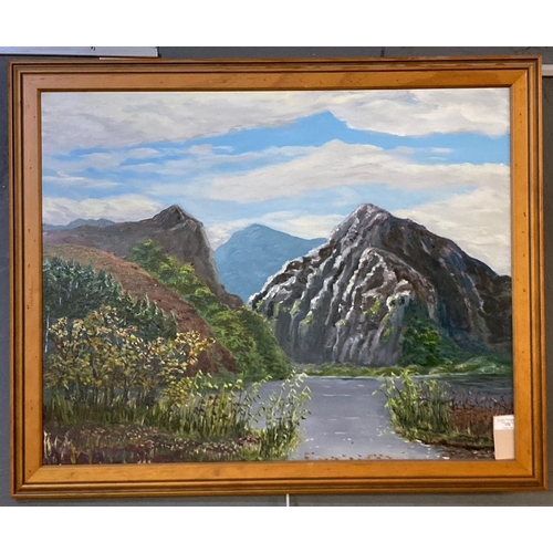 150 - British School, signed with initials 'G P', loch scene with mountains, oils on canvas.  60x76cm appr... 