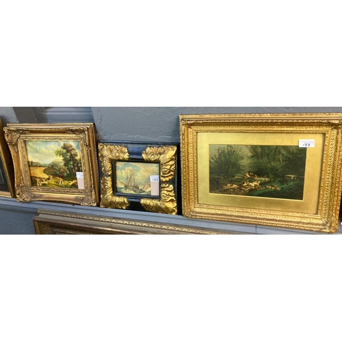 153 - Three furnishing prints in gilded frames.  Harvesting scene, marine study and ducks on a stream.  (3... 