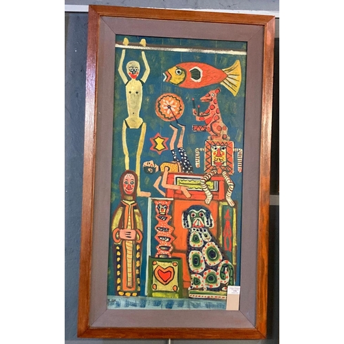 156 - Karel Lek, (Welsh,1929-2020), study of various brightly coloured toys etc, signed, oils on board.  7... 