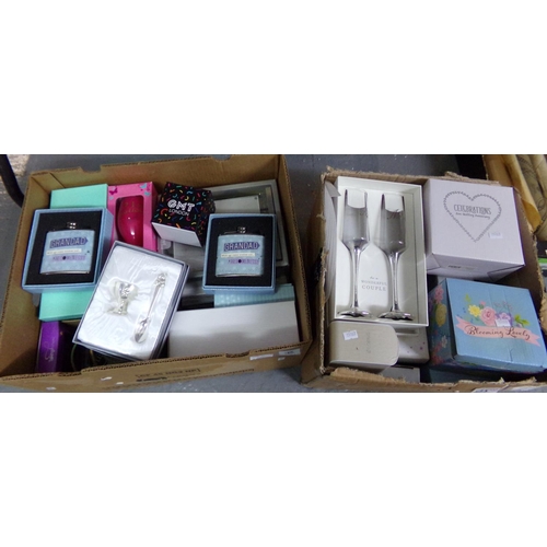 463 - Two boxes of celebratory items to include: hip flasks, baby's spoon and eggcup set, champagne and wi... 