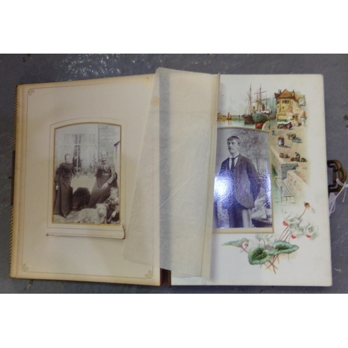 478 - Moroccan leather and gilt bound Victorian photo album musical box containing; various photographs, c... 