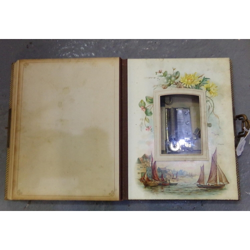 478 - Moroccan leather and gilt bound Victorian photo album musical box containing; various photographs, c... 