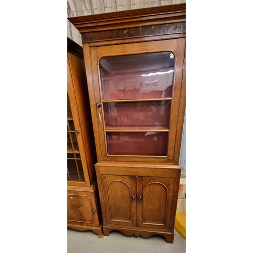 497 - Late Victorian Welsh oak single door glazed kitchen/display cabinet with shaped apron and bracket fe... 