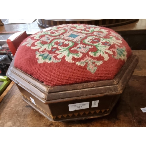 510 - Late Victorian mahogany tapestry top octagonal stool/spittoon with ceramic liner.  (B.P. 21% + VAT)