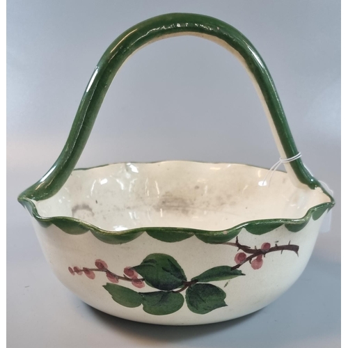 59 - 19th Century Llanelly pottery Shufflebotham wild rose fruit basket with high loop handle. 21cm diame... 