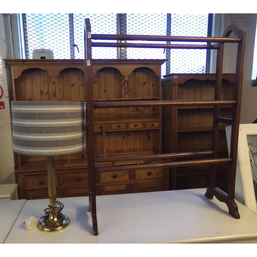 615 - Brass table lamp and shade and an Edwardian inlaid mahogany towel horse.  (B.P. 21% + VAT)