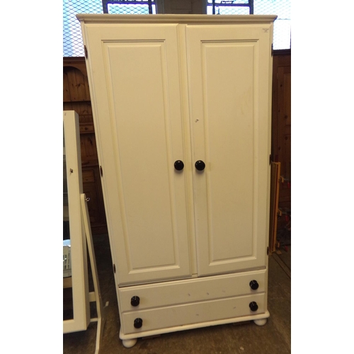 618 - Painted pine two door blind panel wardrobe with two drawers below and ceramic knobs.  90cm wide appr... 