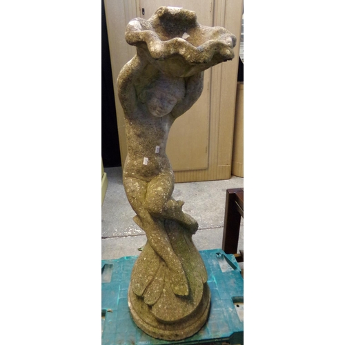 627 - Reconstituted stone bird bath in the form of a nymph supporting a shell.  91cm high approx.  (B.P. 2... 