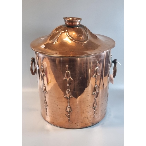 85 - Arts and Crafts design copper lidded two handled log/coal bin with repousse swag decoration.  (B.P. ... 