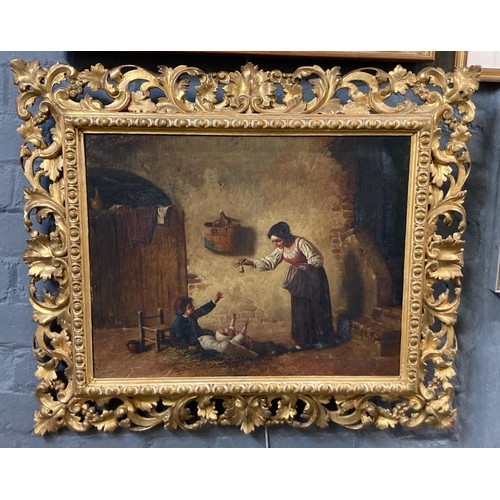 135 - Italian School (19th Century), mother and children in a rustic cottage, oils on canvas. 47 x 59cm ap...