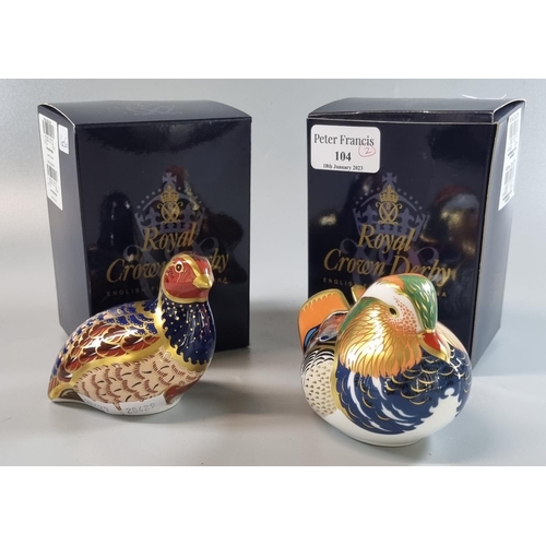 104 - Two Royal Crown Derby English Fine Bone China paperweights, to include: 'Mandarin Duck' and 'Partrid... 