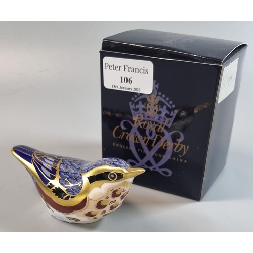 106 - Royal Crown Derby English Fine Bone China paperweight of a 'Nuthatch' with gold stopper and original... 