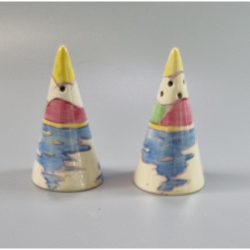 11 - Pair of Clarice Cliff 'Gibraltar'conical salt and pepper, decorated with sailing boats, printed mark... 