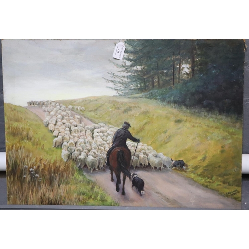 132 - A Bowers, sheep on a lane with mounted shepherd and collies, signed dated.  45x63cm approx.  (B.P. 2... 