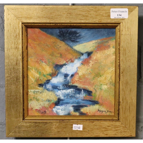 134 - Megan Jones (contemporary Welsh), 'Blaensawdde', signed, oils on board.  20x20cm approx.  Framed.  (... 