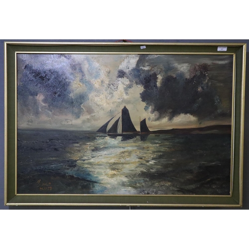 147 - F Malcolm (British 20th century), sailing vessel in the moonlight, signed.  Oils on board.  61x90cm ... 