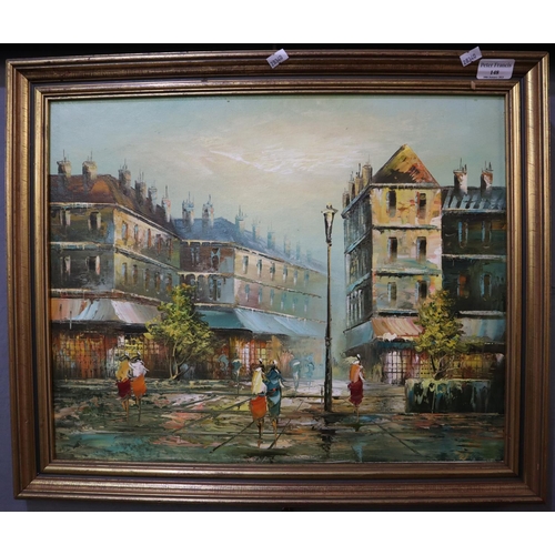 148 - French school (20th century), Parisian street with figures on a rainy day, oils on board.  40x50cm a... 