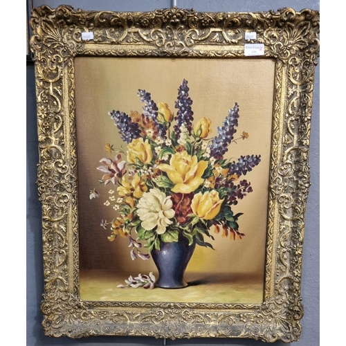 156 - British school, still life study vase of flowers, oils on canvas.  49x40cm approx.  Gilt frame.   (B... 