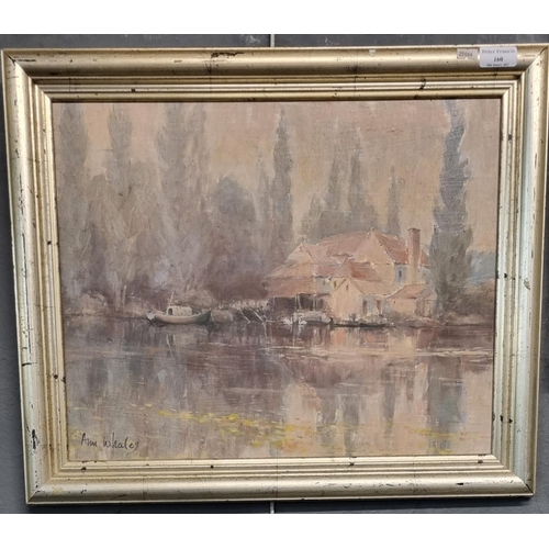 160 - Ann Whaley, river scene with mill house, moored boat and swans, signed.  Oils on board.  37x47cm app... 