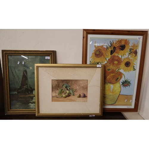 170 - Furnishing pictures, including: After Van Gogh 'Sunflowers' coloured print, watercolour still life s... 