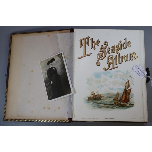 215 - Moroccan leather and gilt bound Victorian photo album musical box containing; various photographs, c... 