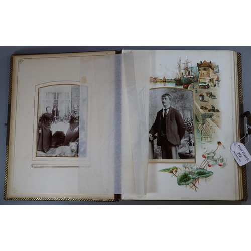 215 - Moroccan leather and gilt bound Victorian photo album musical box containing; various photographs, c... 