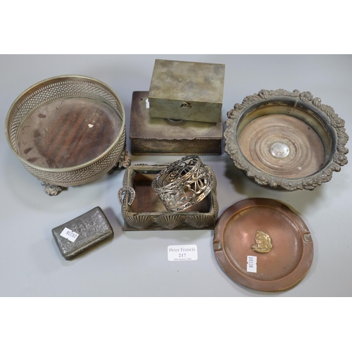 217 - Box of silver and silver plate, to include: wine coasters, brass and copper ashtray Art Nouveau desi... 