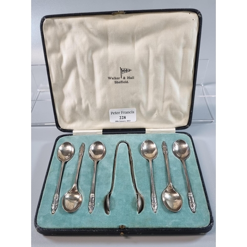 228 - Cased set of six silver Apostle spoons with sugar nips by Walker & Hall Sheffield, in original fitte... 