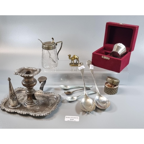 233 - Tray of silver and silver plated items, to include: silver spoons (4.7 troy ozs. approx.), desk inkw... 