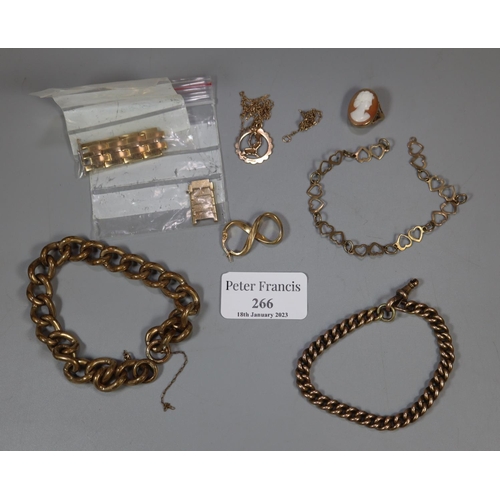 266 - A collection of jewellery comprising a 9ct gold bracelet and single earring,  two heavy gold plated ... 