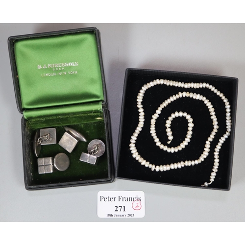 271 - Two pairs of sterling silver cube cufflinks and a string of freahwater pearls (unthreaded).
(B.P. 21... 