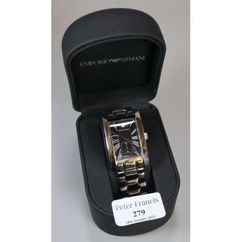 279 - An Emporio Armani gents steel rectangular faced wristwatch appearing in un-used condition, original ... 