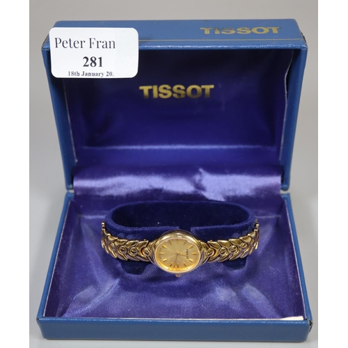 281 - Tissot lady's gold plated wristwatch, appearing in original box, with original receipt.
(B.P. 21% + ... 