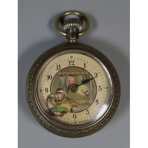 287 - German plated metal top wind gents pocketwatch with automaton  shoe  maker figure.  (B.P. 21% + VAT)