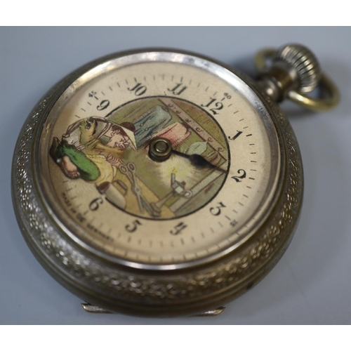 287 - German plated metal top wind gents pocketwatch with automaton  shoe  maker figure.  (B.P. 21% + VAT)