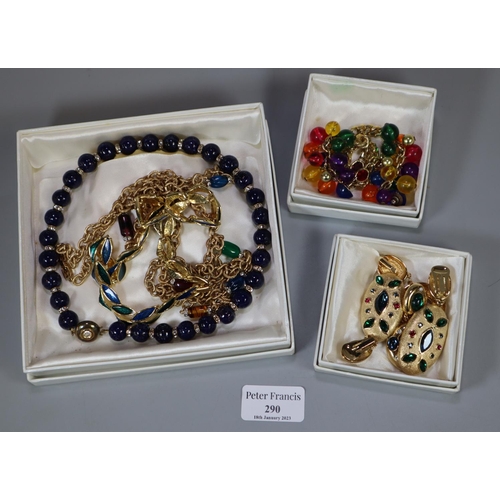 290 - Kenneth Jay Lane, collection of costume jewellery, to include: necklace and earrings with coloured s... 