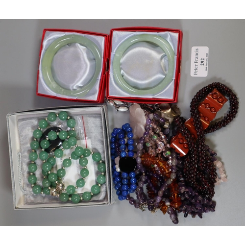 292 - Bag containing assorted bangles, beaded necklaces, gemstone beads etc.   (B.P. 21% + VAT)