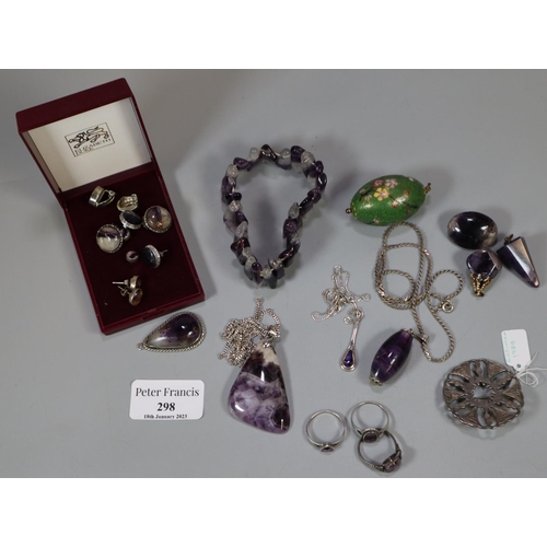 298 - A collection of silver and costume jewellery containing blue john rings and earrings.
(B.P. 21% + VA... 