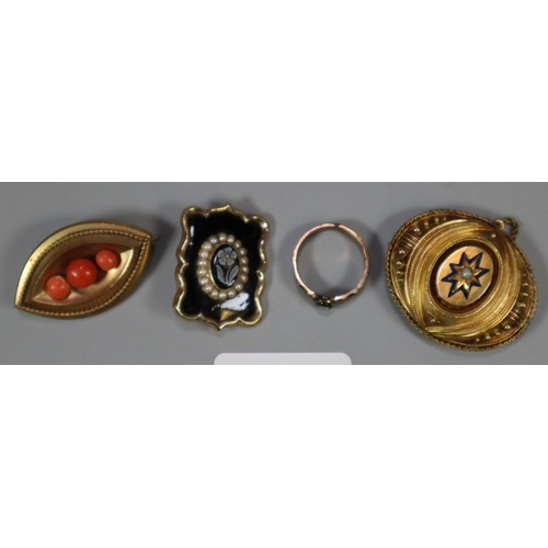 300 - Three Victorian brooches and a ring.  
(B.P. 21% + VAT)