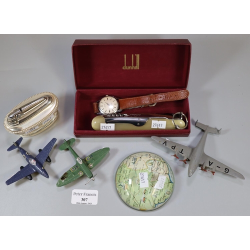 307 - Box of oddments to include Dinky four engined diecast airliner, similar Spitfire and ME262, vintage ... 