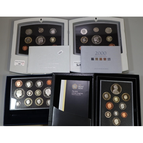 308 - Group of GB Queen Elizabeth II coin sets, to include: 2000 x 2, 2005 and 2012 in original cases.  (4... 