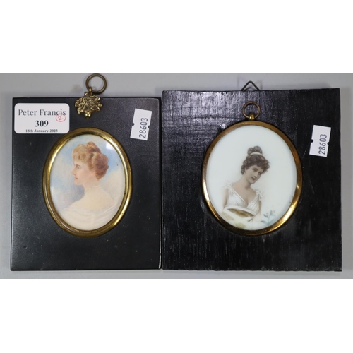 309 - Two framed portrait miniatures, Grecian lady and Victorian lady, one on porcelain one on card.  7x6c... 