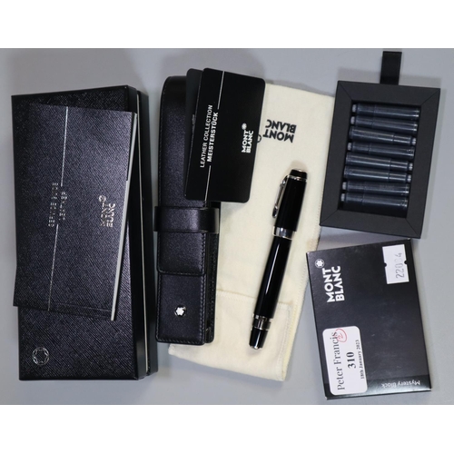 310 - Mont Blanc fountain pen with retractable nib, leather case, original box and a packet of cartridges....