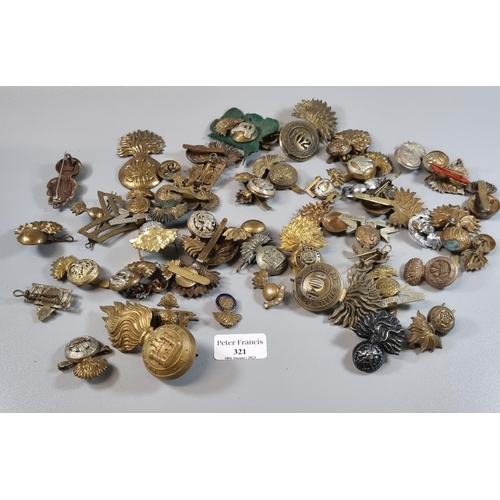 321 - Box of assorted British Army cap badges, Fusilier Regiments, including Bengal Fusiliers, Royal Madra... 