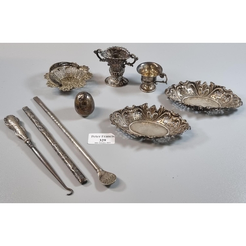 329 - Small box of oddments of scrap silver and plate, to include: dishes, small two handled repousse cup,... 