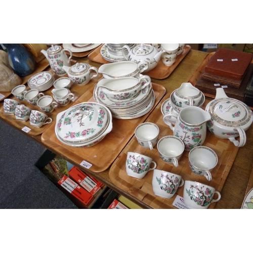 333 - Three trays of 'Indian Tree' dinner ware made by Maddock: two teapots, six cups, four saucers, milk ... 