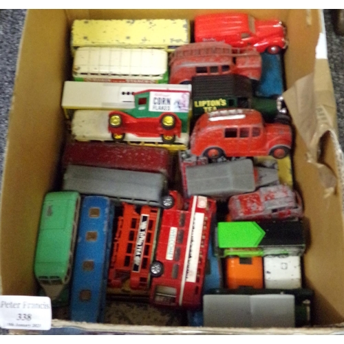 338 - Box of playworn vintage diecast and other vehicles to include: Dinky Toys 250 fire engine, Dinky Toy... 